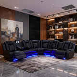 Saxum Tegmen Power Recliner Sofa Set, Living Room Furniture Sets, Leather Sectional Sofa Set with LED Lights, Cup Holders, Storage Console for Living Room/Home Theater (Black)