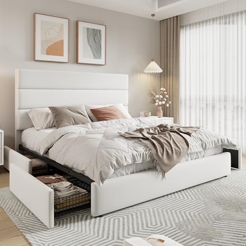 Allewie Modern Full Size Platform Bed Frame with 4 Storage Drawers and Velvet Upholstered Headboard, Wooden Slats Support, Upholstered Mattress Foundation/No Box Spring Needed/Easy Assembly, White Allewie