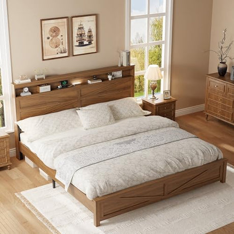 madeslves Farmhouse Wooden Bed Frame King Size with Storage Headboard, Boho Platform Bedframe with LED Lights and Charging Station, Metal Slats Support, No Box Spring Needed, Deep Brown madeslves