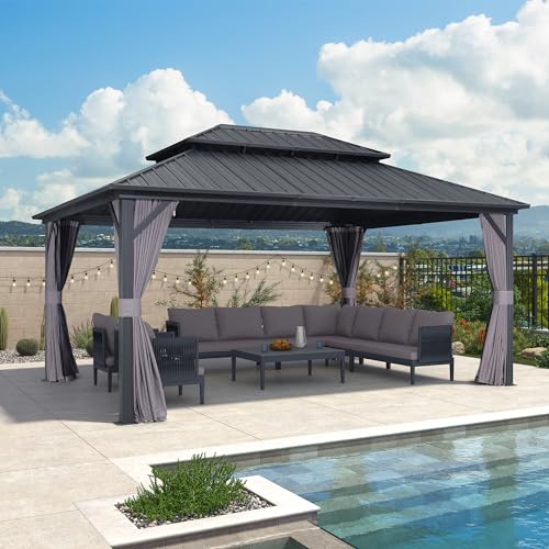 PURPLE LEAF 12' X 16' Permanent Hardtop Gazebo Outdoor Aluminum Gazebo with Heavy Duty Galvanized Steel Double Roof for Patio Lawn Garden Aluminum Gazebo with Netting and Curtains Grey PURPLE LEAF