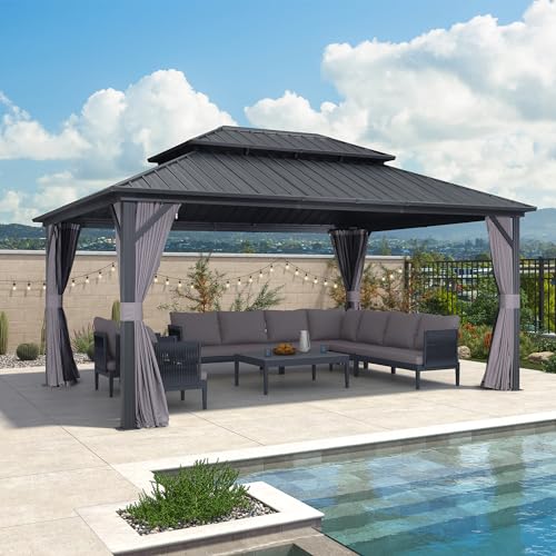 PURPLE LEAF 12' X 16' Permanent Hardtop Gazebo Outdoor Aluminum Gazebo with Heavy Duty Galvanized Steel Double Roof for Patio Lawn Garden Aluminum Gazebo with Netting and Curtains Grey - WoodArtSupply