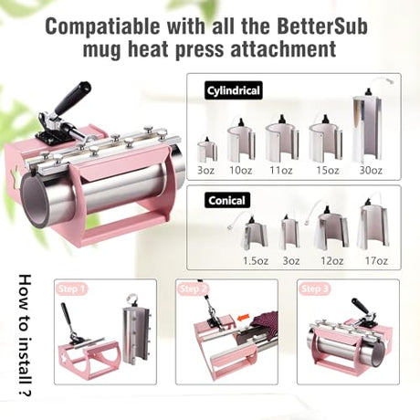 BetterSub 5 in 1 Heat Press Machine 12x15 inch, Industrial-Quality Sublimation Press with 30oz Tumbler Attachment & Curved Hat Plate, 360° Swivel Design for T-Shirts, Vinyl, DTF Film - Pink BetterSub
