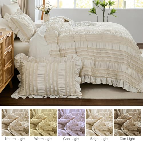 WONGS BEDDING Comforter Set Twin, 6 Pieces Beige Bed in a Bag for Dorm Room Essentials Boho Ruffle Comforter for Twin Bed, Cute Seersucker Shabby Chic Bedding Set 86"×68" WONGS BEDDING