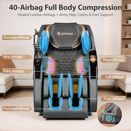 Gethope Massage Chair Full Body 4D Zero Gravity Massage Chair Recliner with 57.1" SL-Track Shiatsu Massage Lumbar Heat 40 Airbags Foot Rollers AI Voice 7" Touchscreen Bluetooth Gethope