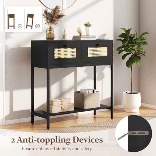 Giantex Rattan Console Table, 32" Boho Entryway Table with 2 Drawers, Metal Frame, Narrow Long Sofa Tables with Open Storage Shelf for Living Room, Hallway, Foyer, Entrance (Black) Giantex