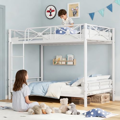 IDEALHOUSE Metal Bunk Bed Twin Over Twin, Modern Heavy Duty Bunkbeds with Safety Guard Rails & Space-Saving Design, Steel Twin Bunk Beds for School, Bedroom, White IDEALHOUSE