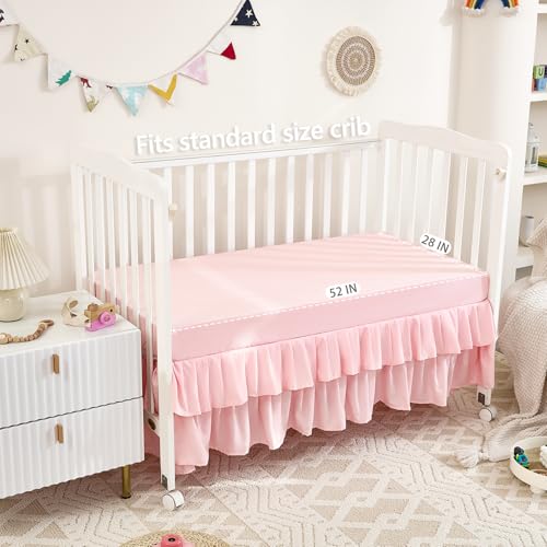 NacoMoco 3-Piece Tufted Ruffle Crib Bedding Set for Girls - Ultra Soft Baby Bedding Set Includes Boho Crib Comforter, Sheet & Skirt (Light Pink) NacoMoco