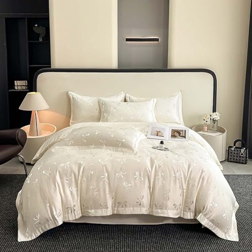 Nayoroom Bow Duvet Cover Queen Size Cooling Duvet Cover for Hot Sleepers 3 Pieces Elegant Cream White Satin Jacquard Breathable Bedding Set with Zipper Closure, Girls Dorm Bedding Nayoroom