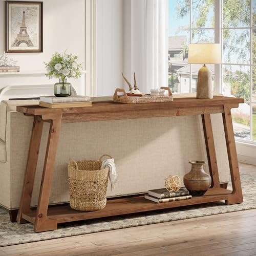 TRIBEWOOD Solid Wood Console Table, 63-Inch Long Couch Table Behind Sofa with 2-Tier Storage, Narrow Entryway Accent Furniture for Living Room, Hallway, Entrance, Foyer (Natural) TRIBEWOOD