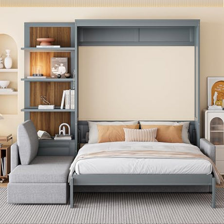 Ball & Cast Murphy Bed Queen Size Wall Bed with Sofa,Wood Murphy Bed,Platform Bedfram Chest can be Folded,Hideaway Cabinet w/Shelves and Slat Support,Space-Saving Furniture for Study,Office,Gray Ball & Cast