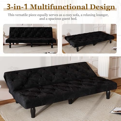 Anwick 3-in-1 Futon Sofa Bed, 66" Velvet Love Seat Sleeper Bed with Adjustable Backrest, Multifunctional Reclining Couch Sofas for Small Spaces, Living Room, Office, Guest Room (Black) Anwick