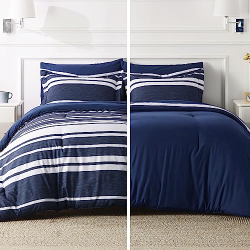 Bedsure Full Comforter Set 7 Pieces, Blue Striped Bedding Set for All Seasons, Reversible, Cationic Dyeing Bed in a Bag with Comforter, Sheets, Pillowcases & Shams Bedsure