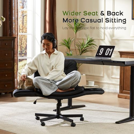 amseatec Criss Cross Chair with Armrests & Wheels, PU Leather Vanity Chair, Comfortable Adjustable Swivel Computer Office Desk Chairs for Home, Make Up, Bed Room (Black) amseatec