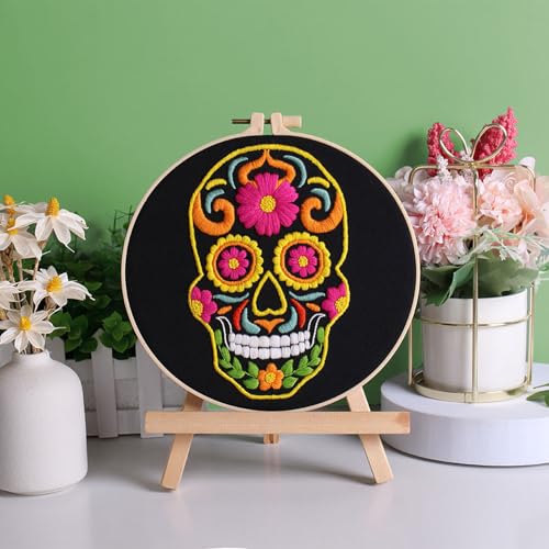 Louise Maelys 3 Sets Halloween Embroidery Kits for Beginners,Cross Stitch Kit for Adults,DIY Starters Needlepoint with Skull Flowers Pattern,Including Instruction