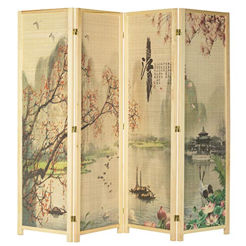 MyGift 4-Panel Folding Bamboo Room Divider Asian-Inspired Cherry Blossom Scene, 6 FT Freestanding Floral Artwork Room Partitioner with Beige Wood Frame MyGift