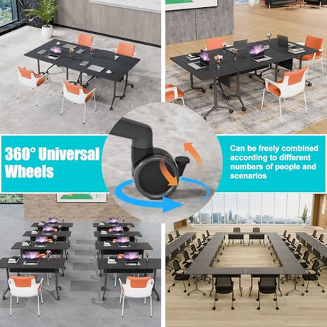 JNMDLAKO Folding Conference Table 6ft,Conference Room Tables On Wheels - Black Rectangle Large Meeting Seminar Tables,Mobile Training Room Table for Office Business Classroom JNMDLAKO