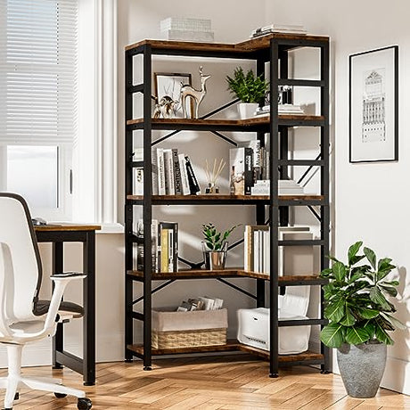 NUMENN Vintage 5 Tier Corner Bookshelf - Modern Open Shelf Bookcase for Living Room, Bedroom, and Home Office NUMENN