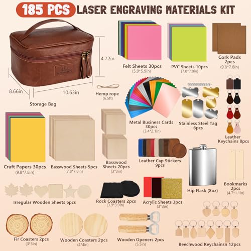 Laser Engraving Materials Kit, 185Pcs Laser Engraving Blank Supplies for Art and Craft, Laser Engraver Accessories Suitable for Both Engraving Pens & Laser Engravers K KERNOWO