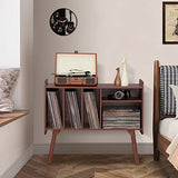 Lerliuo Record Player Stand with 4 Cabinet Holds Up to 220 Albums, Large Turntable Stand with Beech Wood Legs, Mid-Century Record Player Table,Walnut Vinyl Holder Storage Shelf for Bedroom Living Room Lerliuo