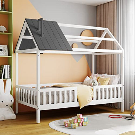 Merax Twin House Bed for Kids - Fun House-Shaped Platform Bed Frame with Roof, Windows, and Safety Rails in White and Grey Merax