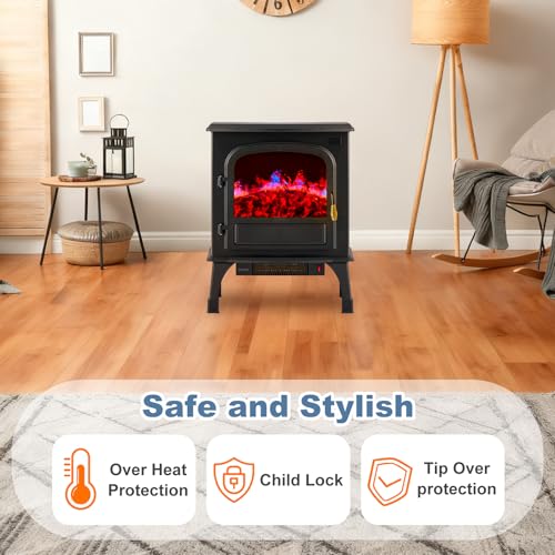 DUMOS 26” Freestanding Electric Fireplace Heater, Electric Fireplace Stove with 3D Flame Effect & Remote Control, Stylish Stove for Home with Safety Features, Adjustable Heat & 12H Timer, Inky DUMOS