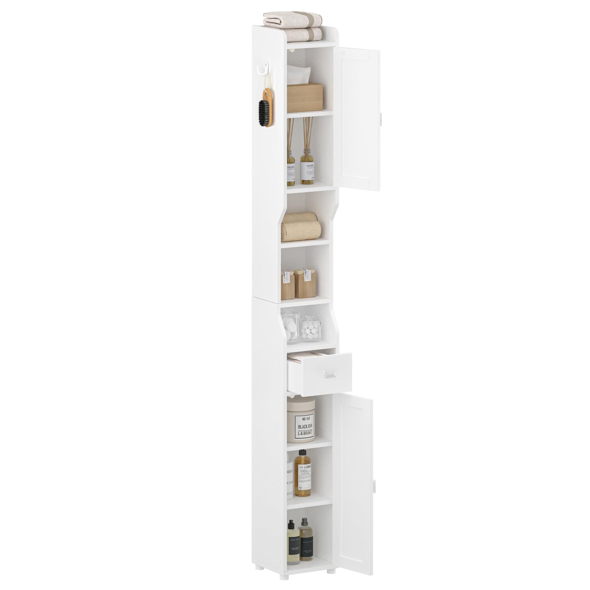 HEXCELEN Narrow White Bathroom Storage Cabinet with Doors, Drawer, and Adjustable Shelf - WoodArtSupply