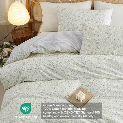 CCoutueChen Blue Gingham Duvet Cover Full 3Pcs 100% Cotton Blue Floral Bedding Set Farmhouse Flower Plaid Bedding Soft Breathable Cottage Duvet Cover Set with 2 Pillowcases(No Comforter) CCoutueChen