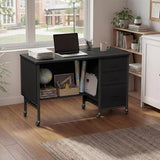 Rolling Teacher Desk with File Drawer & Privacy Panel, 47" Mobile Computer Desk with 3 Storage Drawers on Wheels, Modern Office Desks with File Cabinet for Classroom & Home Office, Black WINAZ
