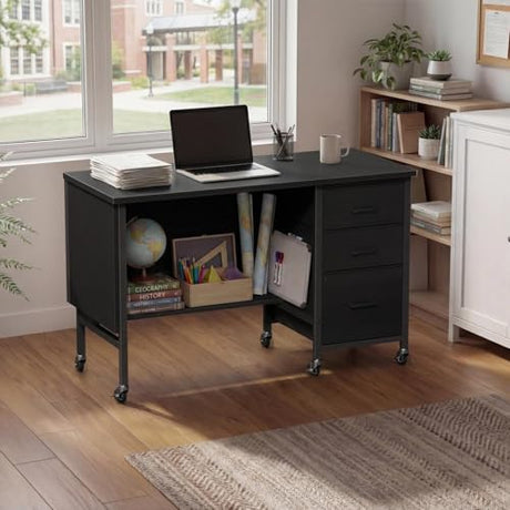 Rolling Teacher Desk with File Drawer & Privacy Panel, 47" Mobile Computer Desk with 3 Storage Drawers on Wheels, Modern Office Desks with File Cabinet for Classroom & Home Office, Black WINAZ