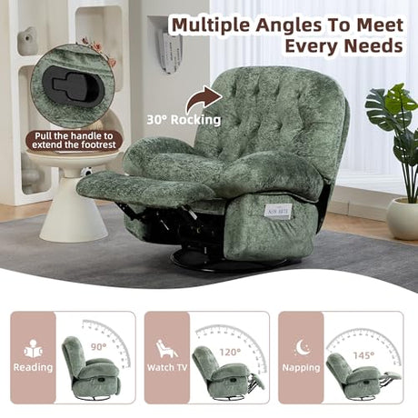 AISALL Recliner Chair for Adults, 360° Swivel Manual Recliner with Side Pocket, Nursery Rocking Chair with Comfortable Chenille Arms and Back for Living Room, Bedroom, Reading (Green) AISALL