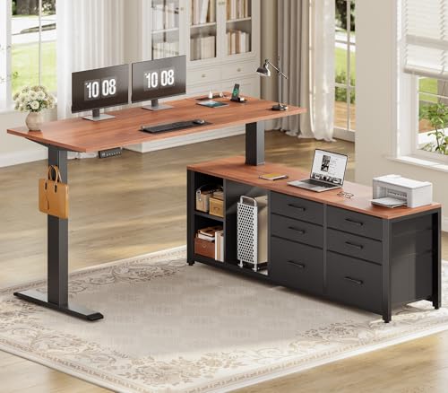 SEDETA L Shaped Electric Standing Desk, 55" x 55" Height Adjustable Office Executive Desk with 6 Fabric Drawers and Storage Shelves, Sit Stand Computer Desk with Power Outlet for Home Office (Brown) SEDETA