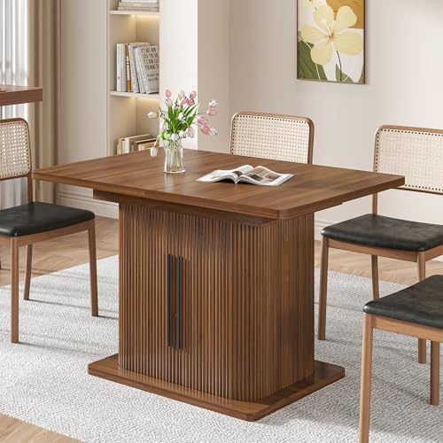Extendable Dining Room Table for 4-6, 47-65 Inch Rectangle Kitchen Dining Table with Large Storage, Fluted Sliding Door, Expandable Mid Century Modern Dinner Furniture, Living Room, Walnut, Brown Woemtoric