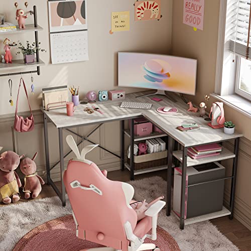 Bestier L Shaped Desk with Shelves 75 Inch Reversible Corner Computer Desk or 2 Person Long Table, Writing Study Desk for Home Office Small Space Bedroom Apartment, Wash White Bestier