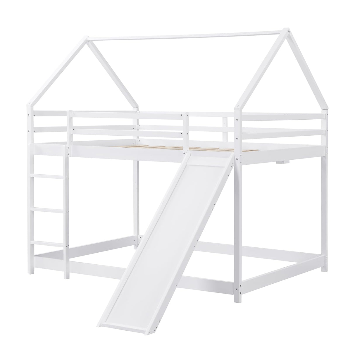 Full Size Loft Bed with Slide, Space Saving House Bunk Beds for Kids Bedroom Furniture, Pine Wood Bed Frame with 12.4" High Safety Guardrail & Ladder, No Box Spring Needed, Teens, Girls, Boys, White Obuvar