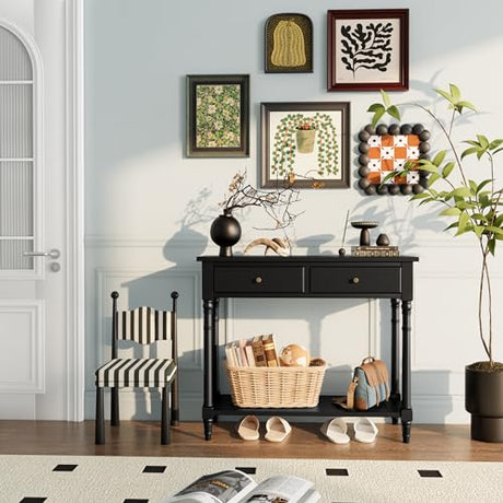 Entry Console Table with 2 Storage Drawers and Open Shelf, Traditional Console Table with Solid Wood leg, Foyer Tables for Entryway, Hallway, Blank Wall, 35.4”L x 13.8”W x 30.1”H, BlacK SFZ004BK VERDANTREE