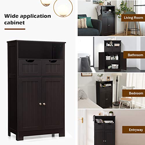 Tangkula Bathroom Floor Cabinet, Storage Cabinet w/Open Shelf, 2 Doors & 2 Adjustable Drawers, Standing Cupboard for Kitchen, Bathroom Cabinet for Living Room Home Office (Espresso) - WoodArtSupply