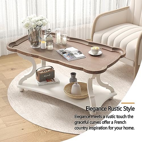 Function Home Farmhouse Coffee Table, Modern Cocktail Table with Storage Shelf, Sofa Table with Natural Tray Top and Carved Legs for Living Room, Bedroom, Dining Room in Vintage White Function Home