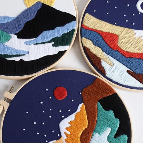 GLTAYLMY 3 Set Landscape Embroidery Kits for Beginners with Mountain Sun Moon Pattern,Adults Starter Cross Stitch Kit DIY Needlepoint Kits