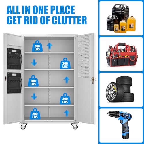 Upgraded Wide and Deep Garage Storage Cabinet with Wheels and Doors,Metal Storage Cabinet with Pegboards and 4 Adjustable Shelves for Garage Home Basement,Required Assembly,White,43.3"Wx21.9"Dx72"H Reemoon