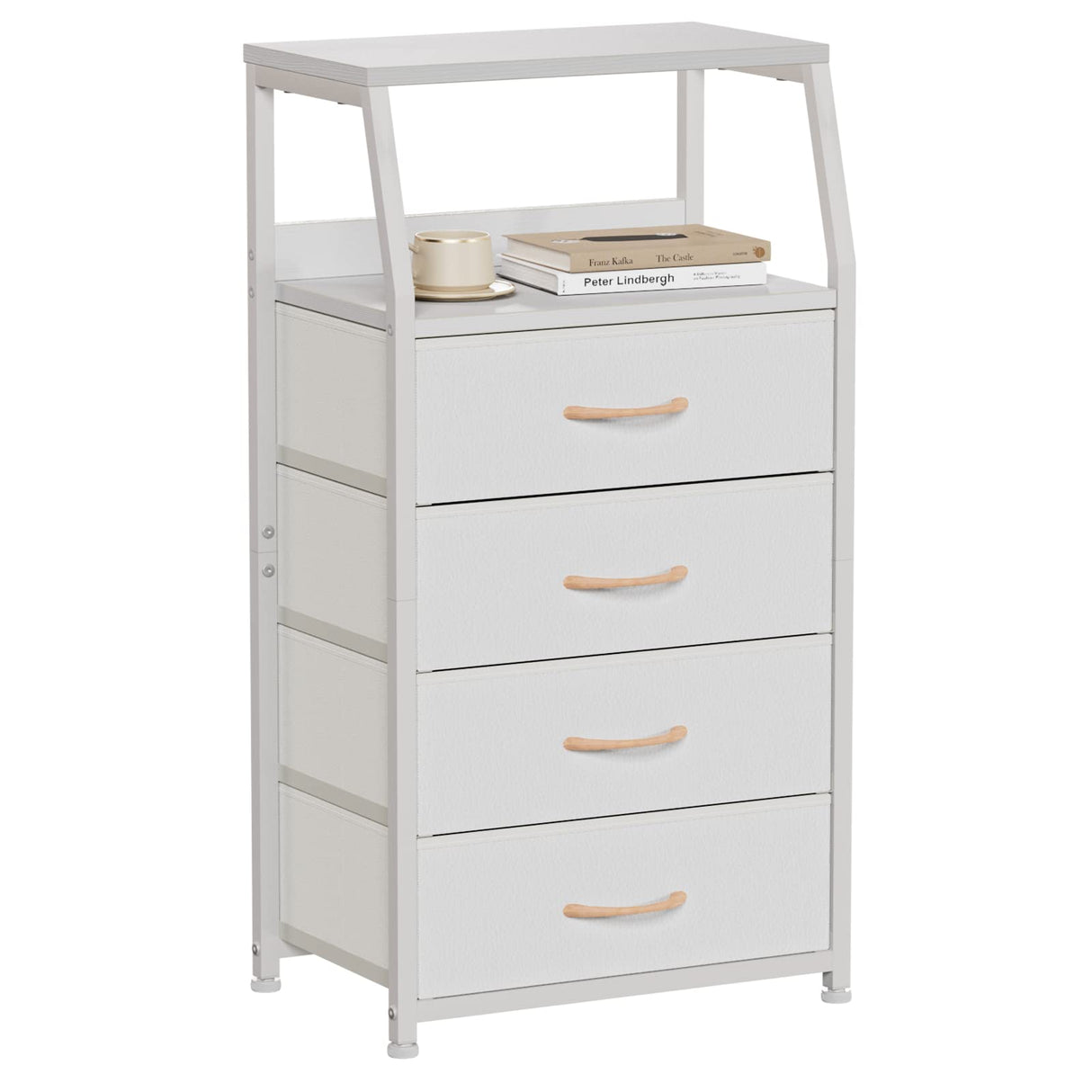 Furnulem Tall 4 Drawers Dresser, Vertical Storage Tower for Bedroom, Hallway, Entryway, Nursery, Closet Organizer, Nightstand Bedside Table Furniture, Sturdy Steel Frame, Wood Top, White Furnulem