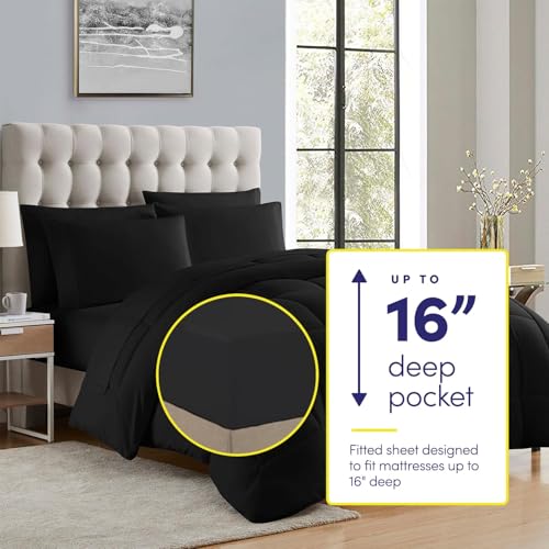 Sweet Home Collection 7 Piece Comforter Set Bag Solid Color All Season Soft Down Alternative Blanket & Luxurious Microfiber Bed Sheets, Black, Queen Sweet Home Collection