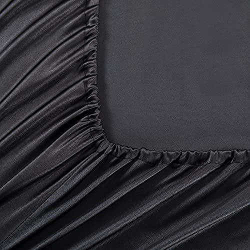Satin Fitted Sheet, Full Fitted Sheet Only, 1 - Piece Ultra Soft Deep Pocket Single Silk Bottom Bed Sheet Full - Black Luxbedding