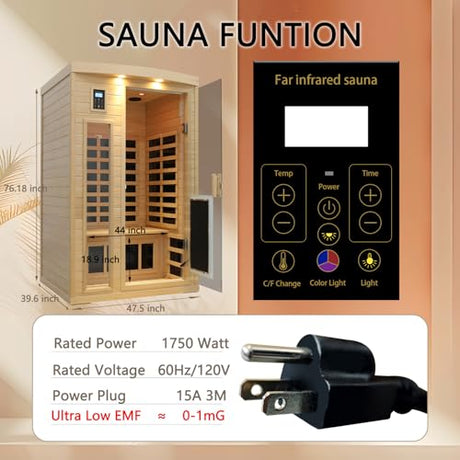 LTCCDSS 2 Person Ultra Low EMF（0-1mG）Infrared Sauna, Hemlock Wooden Far Infrared Sauna for Home with 8 Heaters, 2* Bluetooth Speakers, Reading Lamps, Outdoor Lamps, 3 Chromotherapy Lamps Indoor Sauna LTCCDSS