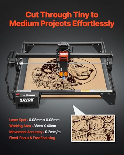 VEVOR 5W Output, Laser Engraving Cutter Machine, 14.9 x 15.7 in/38 x 40 cm Working Area, 10000 mm/min Movement Speed, Compressed Spot with Eye Protection, for Wood, Certain Metal, Black VEVOR