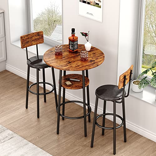 KIVENJAJA Rustic Brown 3-Piece Bistro Bar Table Set for 2 with PU Upholstered Stools