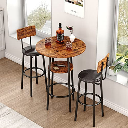 KIVENJAJA Rustic Brown 3-Piece Bistro Bar Table Set for 2 with PU Upholstered Stools