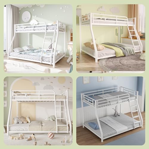 KAIFAM Metal Bunk Bed, Twin Over Full Bunk Bed with Safety Guardrail and Ladder, Bunk Beds Twin Over Full Size(White) KAIFAM