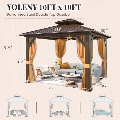 YOLENY 10' x 10' Hardtop Gazebo, Metal Gazebo with Aluminum Frame, Double Galvanized Steel Roof, Curtains and Netting Included, Pergolas for Patios, Garden, Parties, Lawns - WoodArtSupply