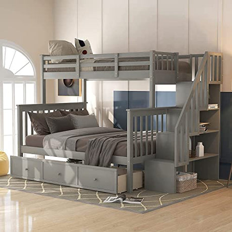 MERITLINE Grey Twin Over Full Bunk Bed with Stairs, Storage Drawers, and Safety Features MERITLINE