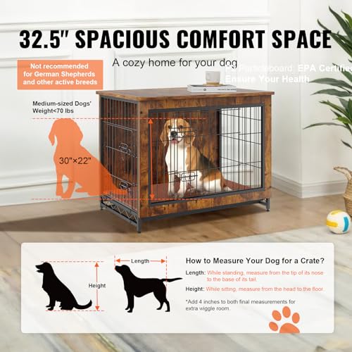 VEVOR Dog Crate Furniture, 32 inch Wooden Dog Crate with Double Doors, Heavy-Duty Dog Cage End Table with Multi-Purpose Removable Tray, Modern Dog Kennel Indoor for Dogs up to 45lb, Rustic Br - WoodArtSupply